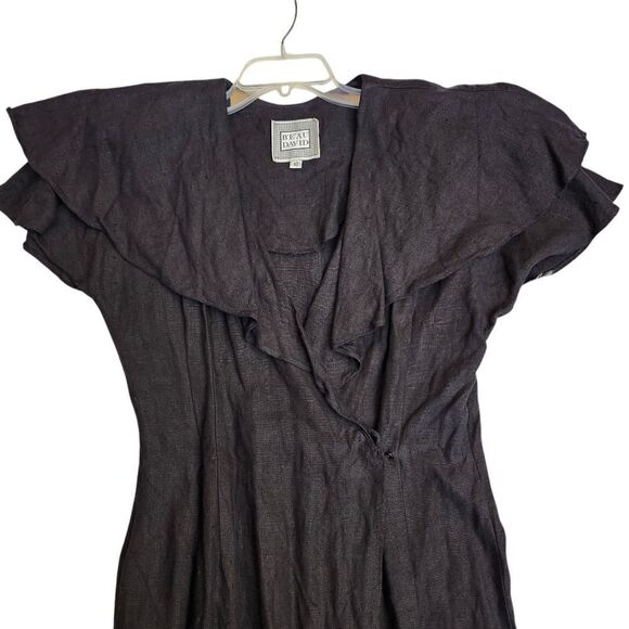 BEAU DAVID Vtg 80's ruffled neckline wrap 100% Linen dress Sz 10 - Picture 2 of 12